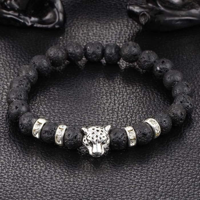 Silver Onyx Stone Leopard and Lava Stone Beads Men's Bracelet -