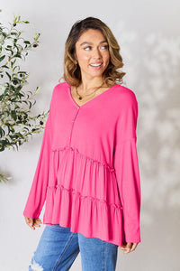 Thumbnail for Double Take Half Button Long Sleeve Ruffle Hem Blouse - SIZES S THRU 3XL - T - 7 COLORS -