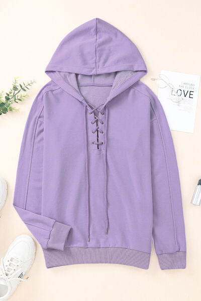 Lace-Up Dropped Shoulder Hoodie - T - 8 COLORS -