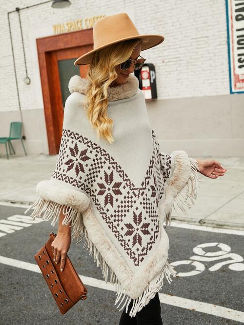 Fringe Geometric Cape Sleeve Poncho - 1 SIZE FIT - T - 6 COLORS -