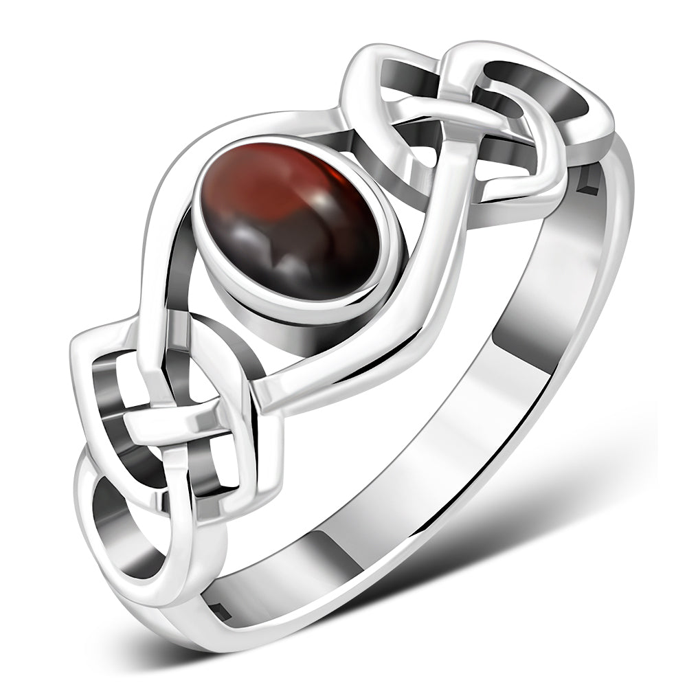 Creidne - Baltic Amber Cabochon Celtic Knot Silver Ring - 8 SIZES -