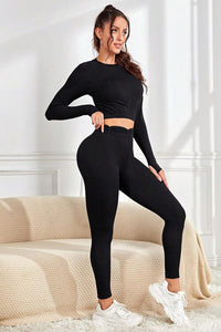 Thumbnail for Ruched Round Neck Top and Active Leggings Set - 2 PCS. - T - 1 COLOR -