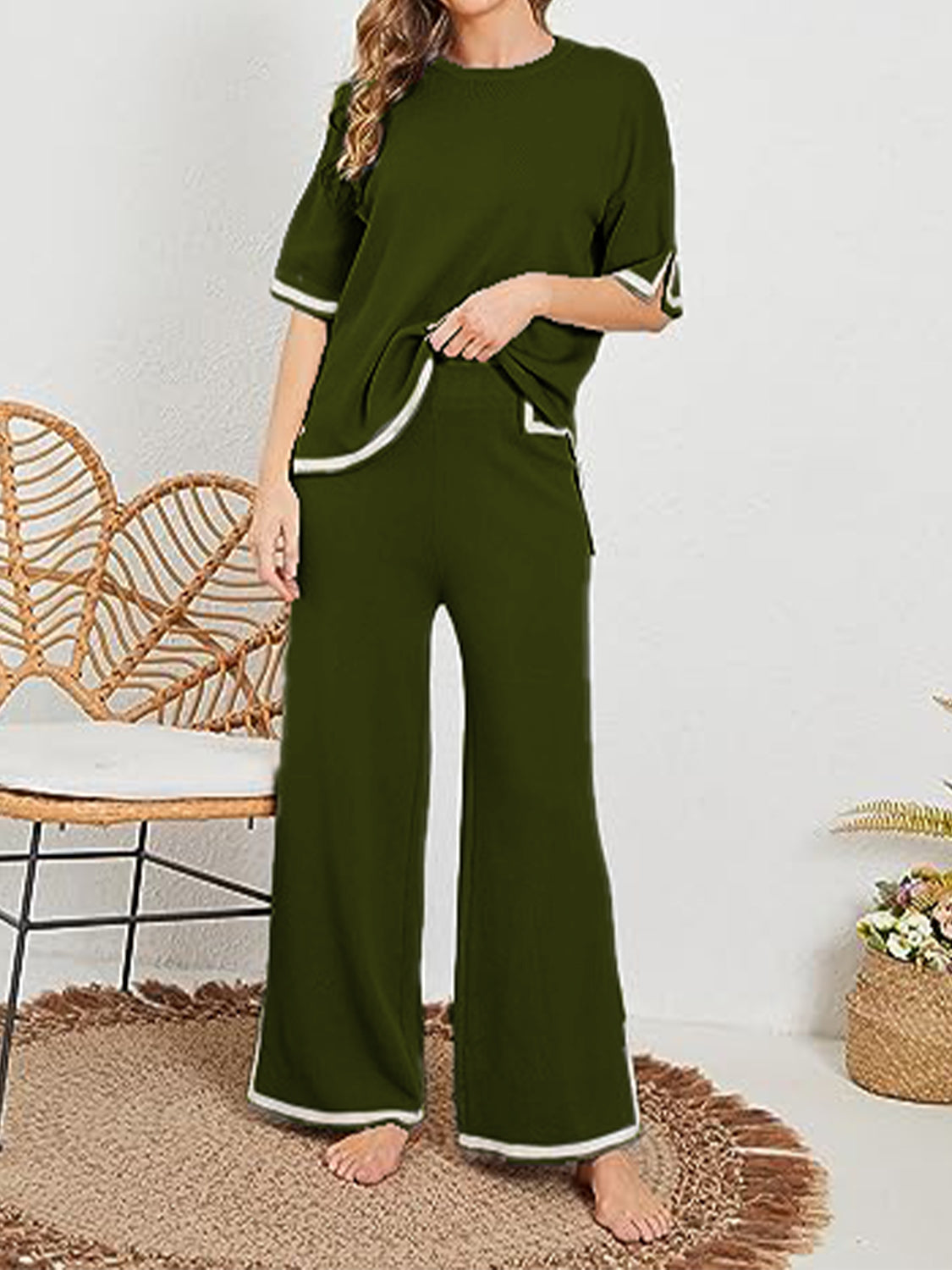 Contrast High-Low Sweater and Knit Pants Set - T - 7 COLORS -