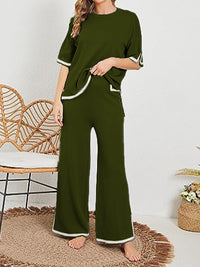 Thumbnail for Contrast High-Low Sweater and Knit Pants Set - T - 7 COLORS -