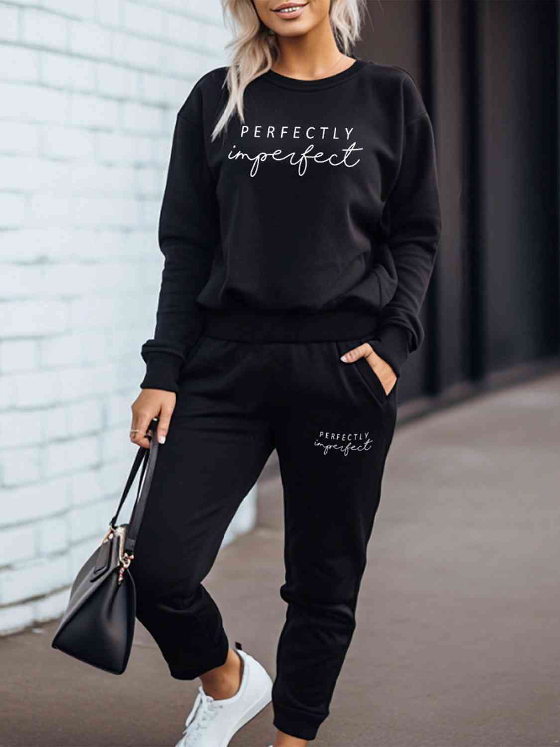 PERFECTLY IMPERFECT Graphic Sweatshirt and Sweatpants Set - 2 PCS. - T - 1 COLOR -