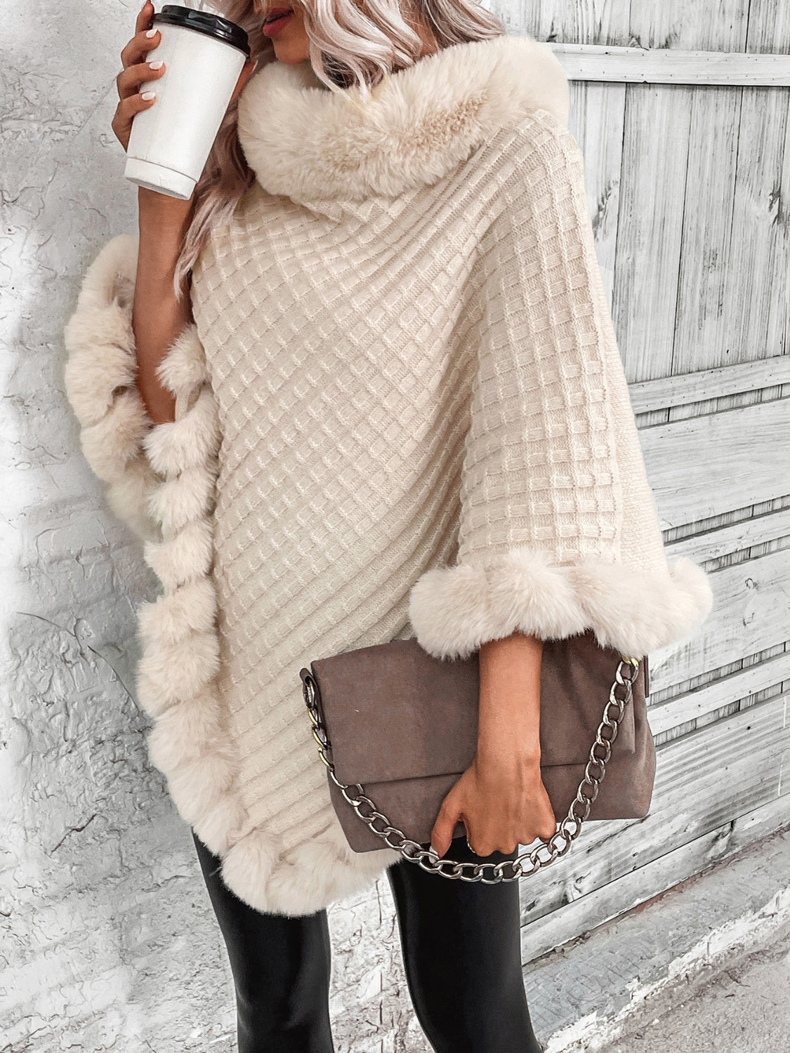 Faux Fur Trim Poncho - T - 1 COLOR -