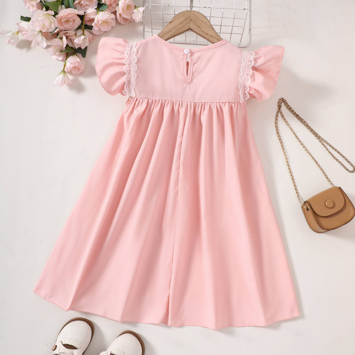 Girls Embroidered Lace Trim Round Neck Dress - T - 5 SIZES - 1 COLOR -