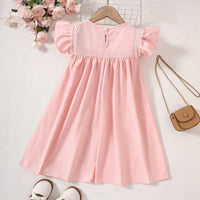 Thumbnail for Girls Embroidered Lace Trim Round Neck Dress - T - 5 SIZES - 1 COLOR -