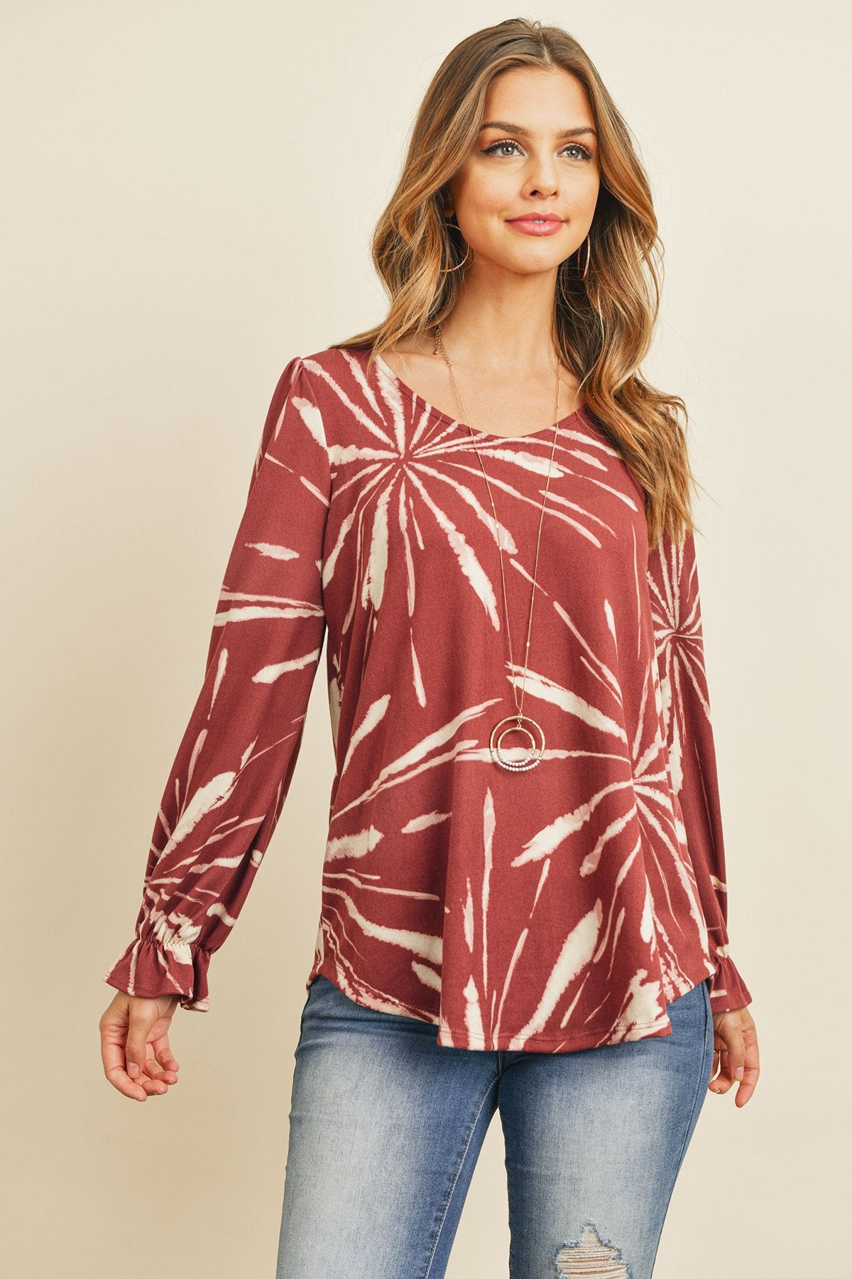 Riah Fashion - Tie Dye Ruffle Sleeve V-Neck Round Hem Top - 2 COLORS -