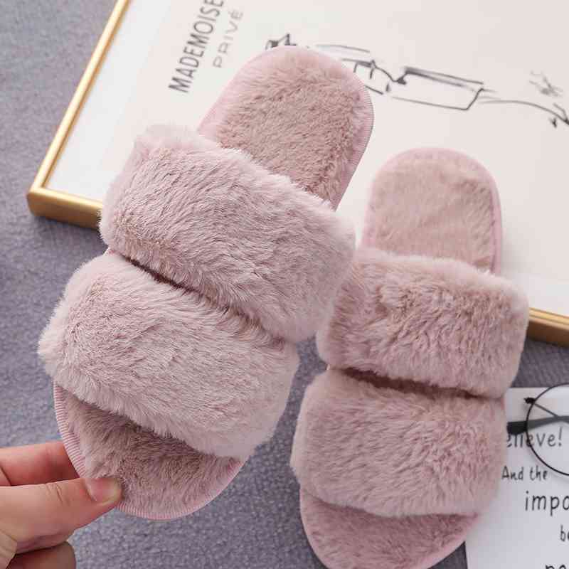 Faux Fur Double Strap Slippers - T - 5 COLORS -