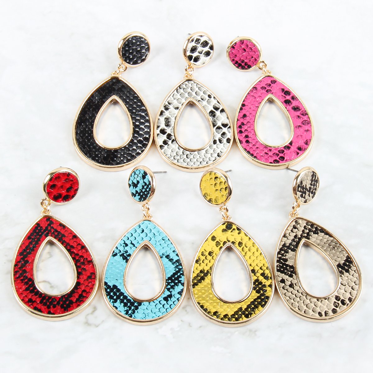 Linked Pear-Shape Snake Skin Printed Dangle Post Earrings - 7 COLORS -