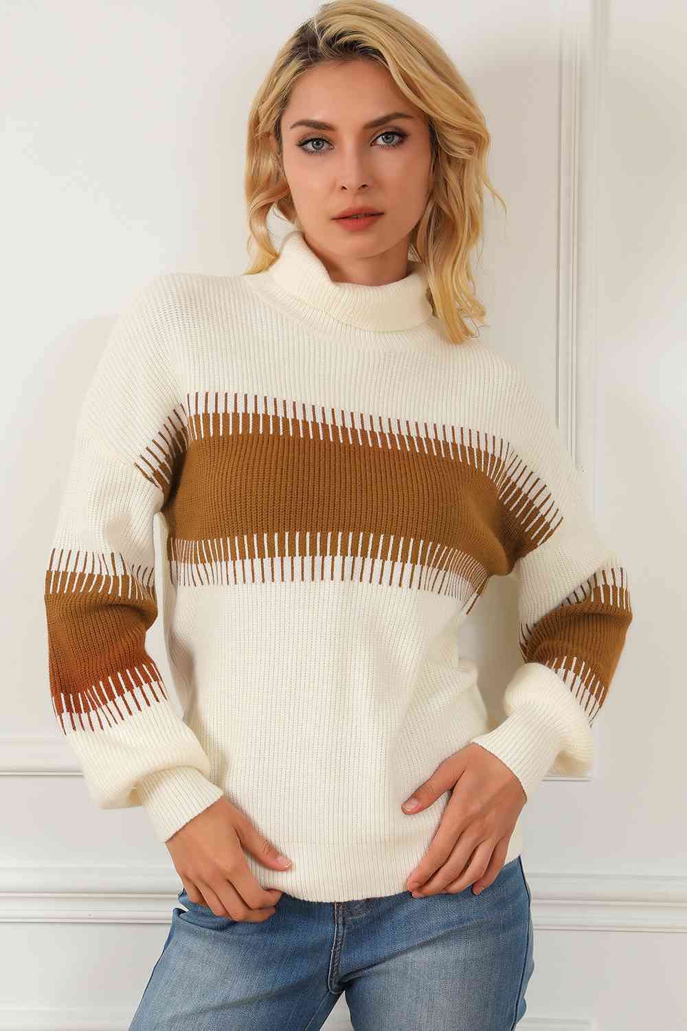 Contrast Turtleneck Long Sleeve Sweater - T - 1 COLOR -