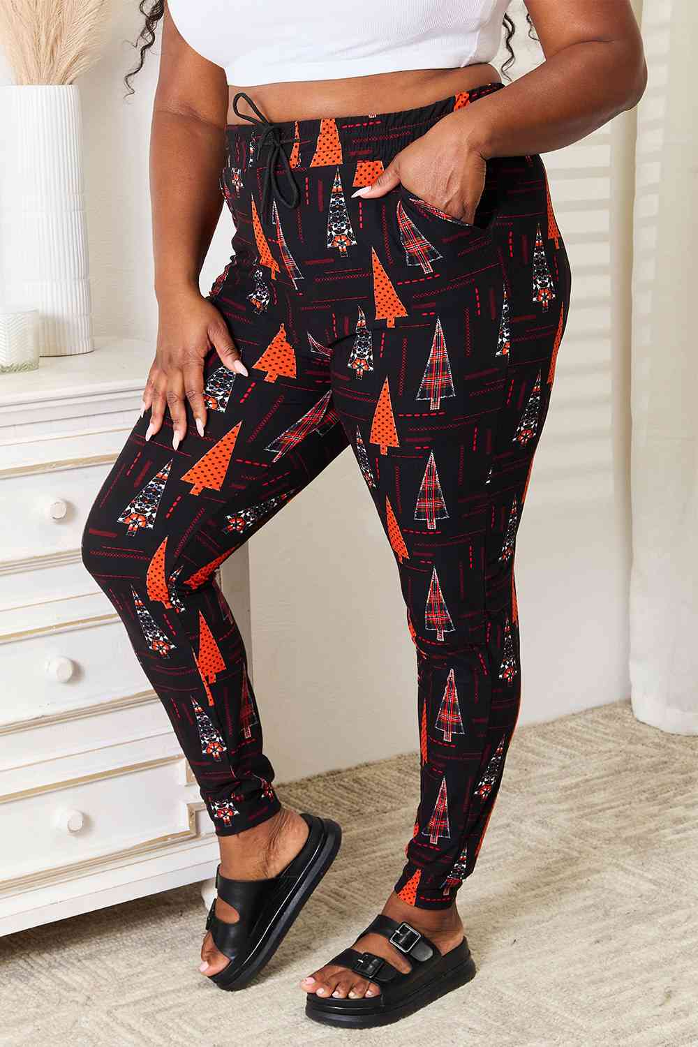 Leggings - Full Size Holiday Tree Print Joggers - SIZES S THRU 3XL - T - 1 COLOR -