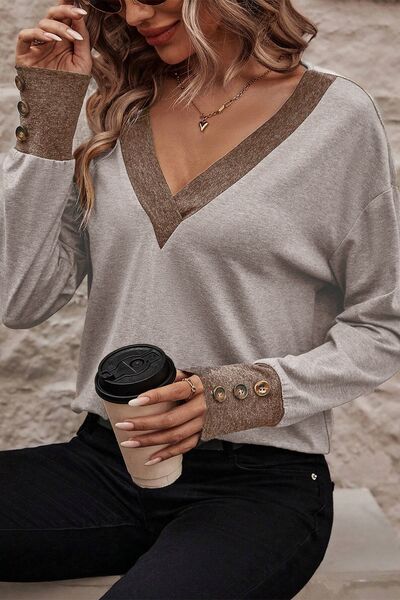 V-Neck Dropped Shoulder Blouse - T - 1 COLOR -