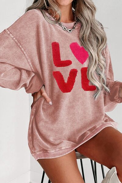 LOVE Round Neck Dropped Shoulder Sweatshirt - T - 1 COLOR -