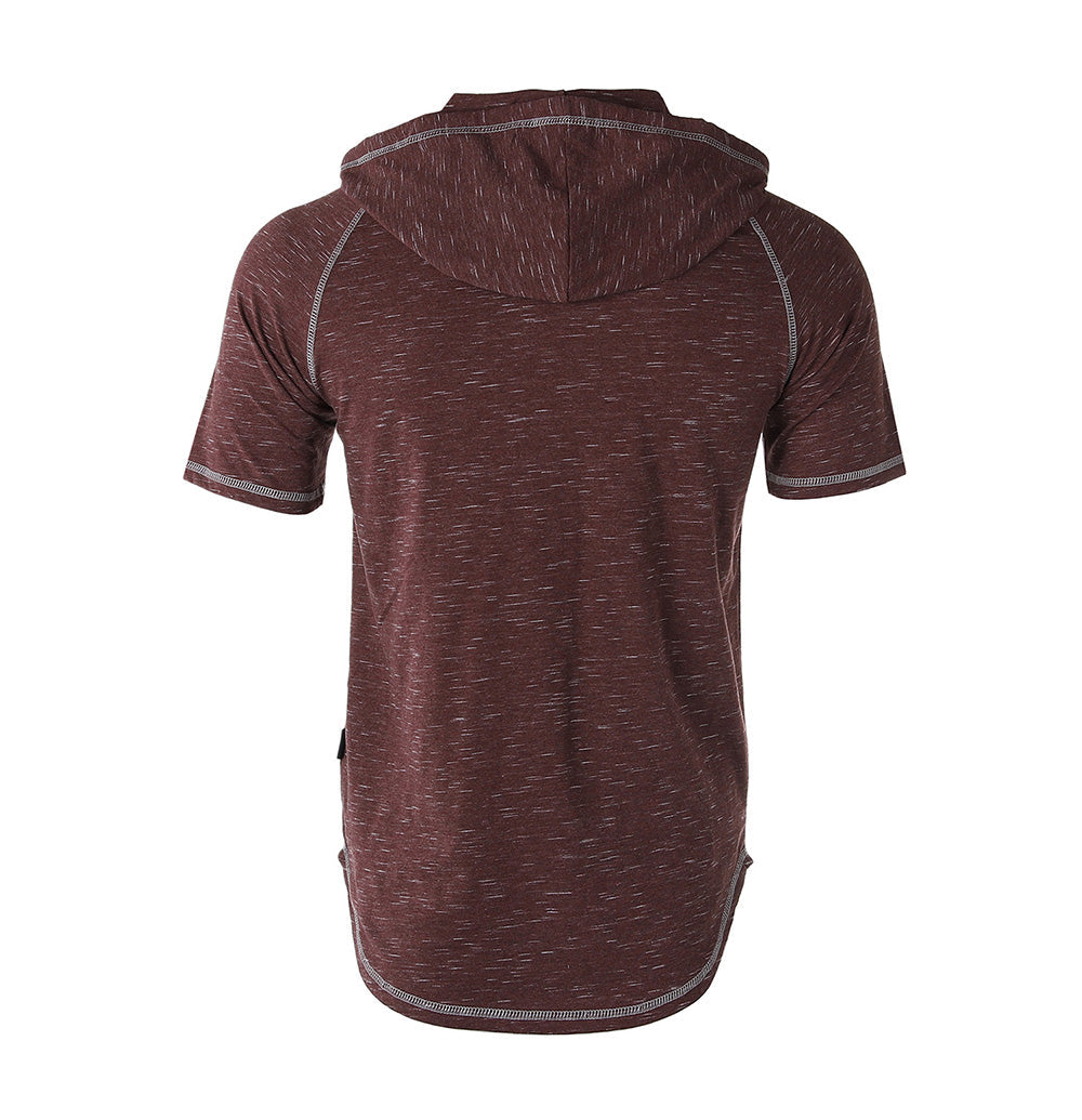 Short Sleeve Raglan Henley Hoodie Round Bottom Semi Longline T-Shirt - 1 COLOR