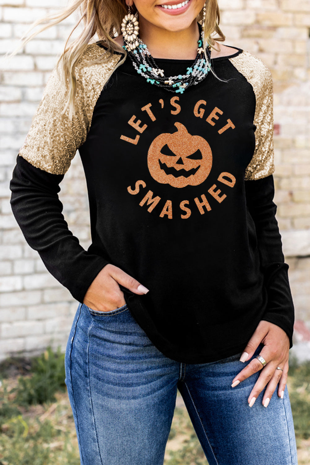 Graphic Sequin Long Sleeve Top - T - 1 COLOR -