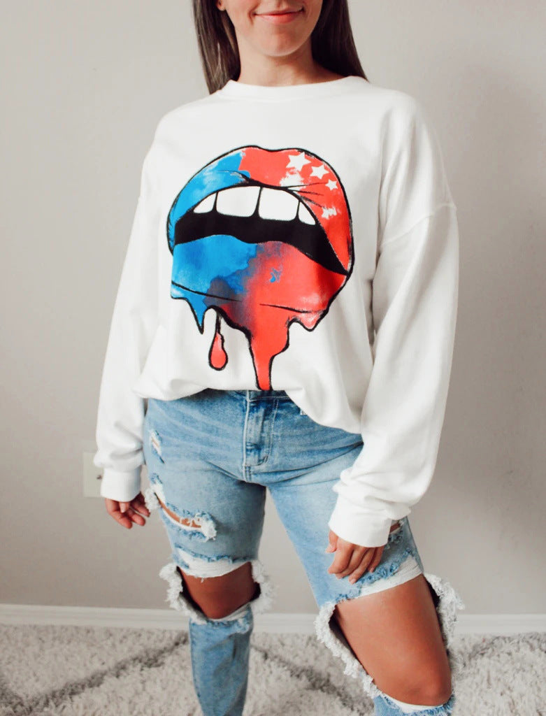 Graphic Dropped Shoulder Round Neck Sweatshirt - T - 3 LIP DESIGNS -