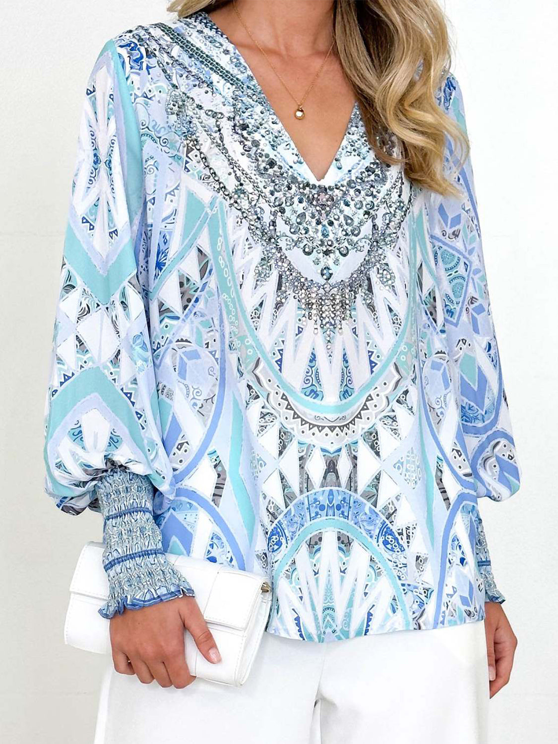 Printed V-Neck Long Sleeve Blouse - T - 2 COLORS -