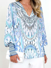 Thumbnail for Printed V-Neck Long Sleeve Blouse - T - 2 COLORS -