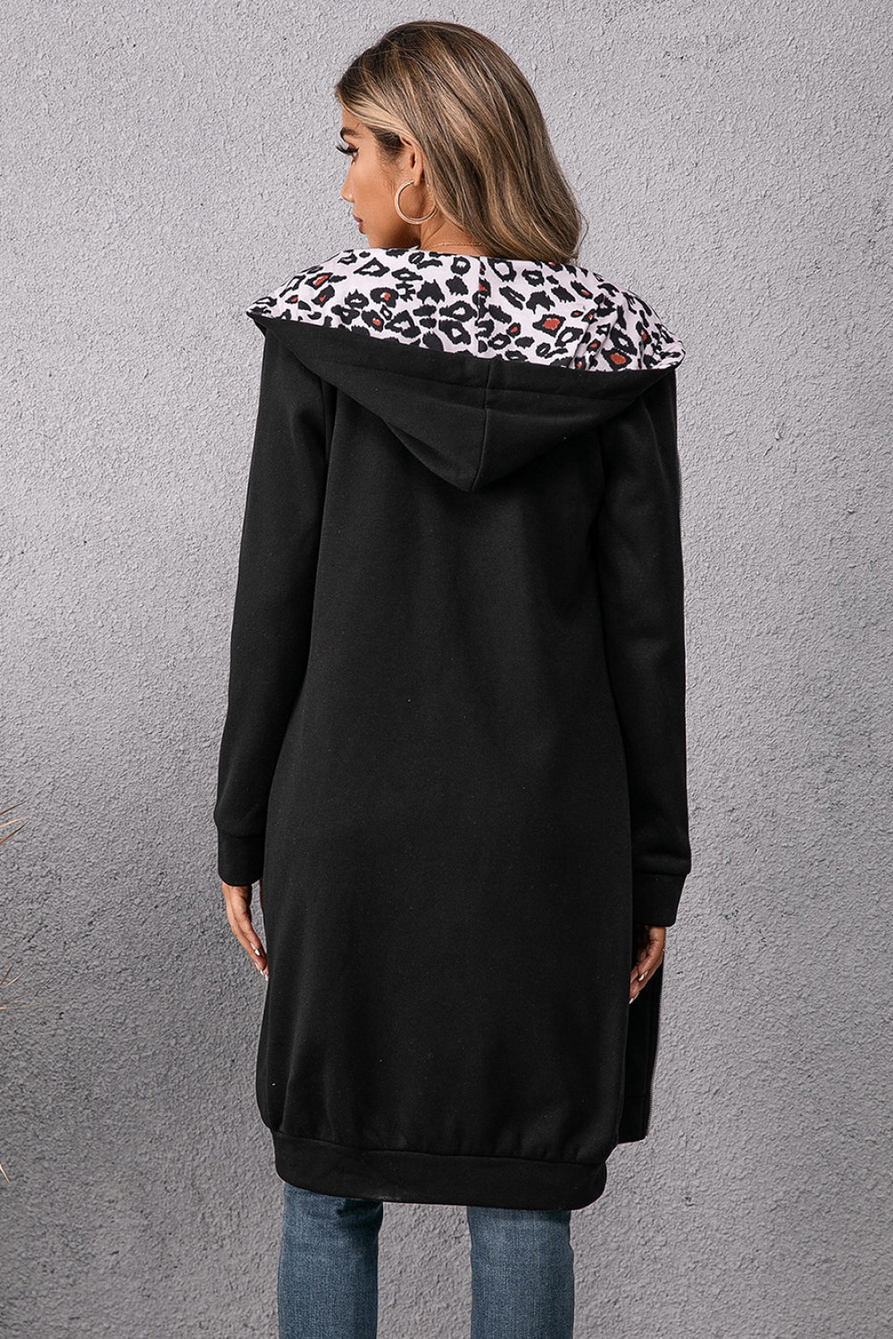 Leopard Spliced Drawstring Zip Up Hoodie Dress - T - 1 COLOR -