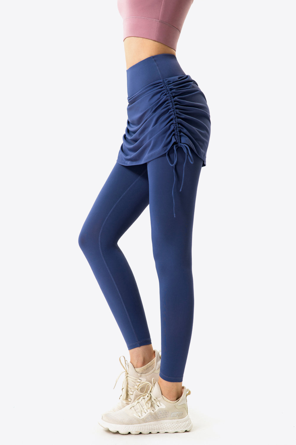 Drawstring Ruched Faux Layered Yoga Leggings - T - 7 COLORS -