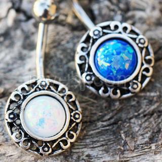 316L Stainless Steel Antique Navel Ring With Adorned Synthetic Opal - 4 MAIN COLORS