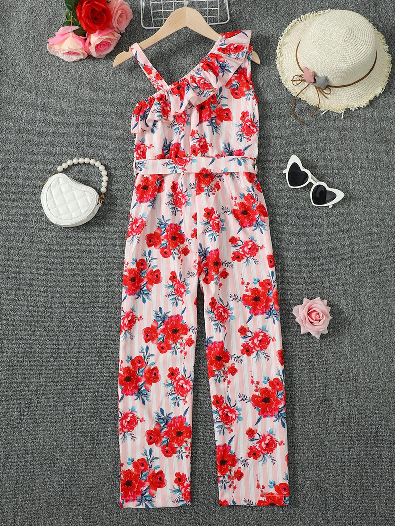 Floral Asymmetrical Neck Tie Belt Jumpsuit - T - 4 SIZES - 1 COLOR -