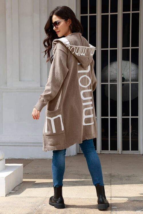 Open Front Long Sleeve Hooded Cardigan - ONE SIZE FIT - T - 6 COLORS -