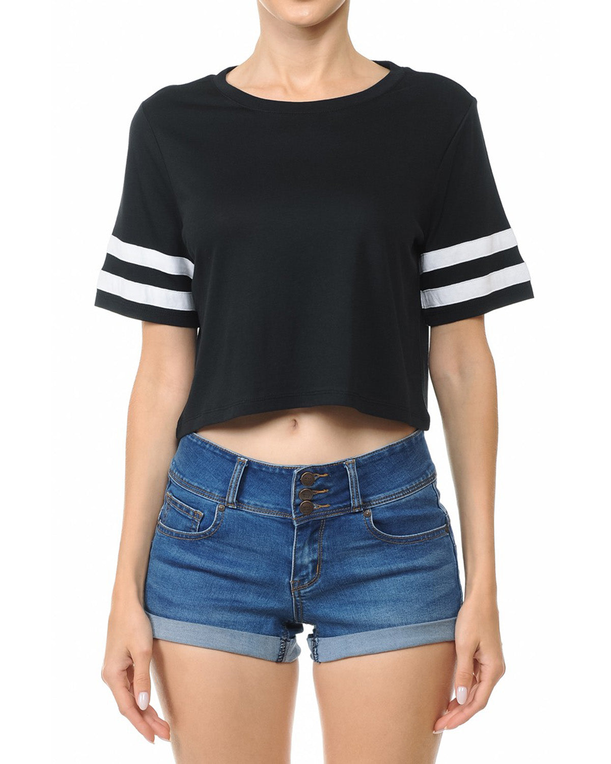 Women's Short Sleeve Crewneck Baseball Varsity Stripe Crop Top Tee - 1 COLOR -