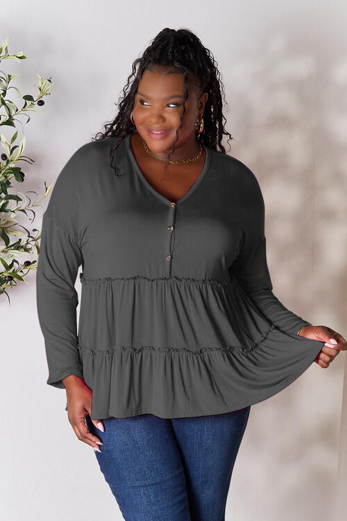 Double Take Half Button Long Sleeve Ruffle Hem Blouse - SIZES S THRU 3XL - T - 7 COLORS -