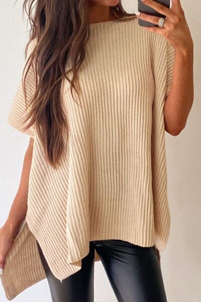 Waffle-Knit Slit Short Sleeve Sweater - T - 1 COLOR -