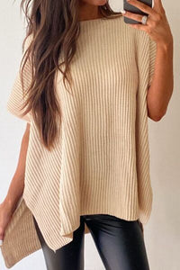 Thumbnail for Waffle-Knit Slit Short Sleeve Sweater - T - 1 COLOR -