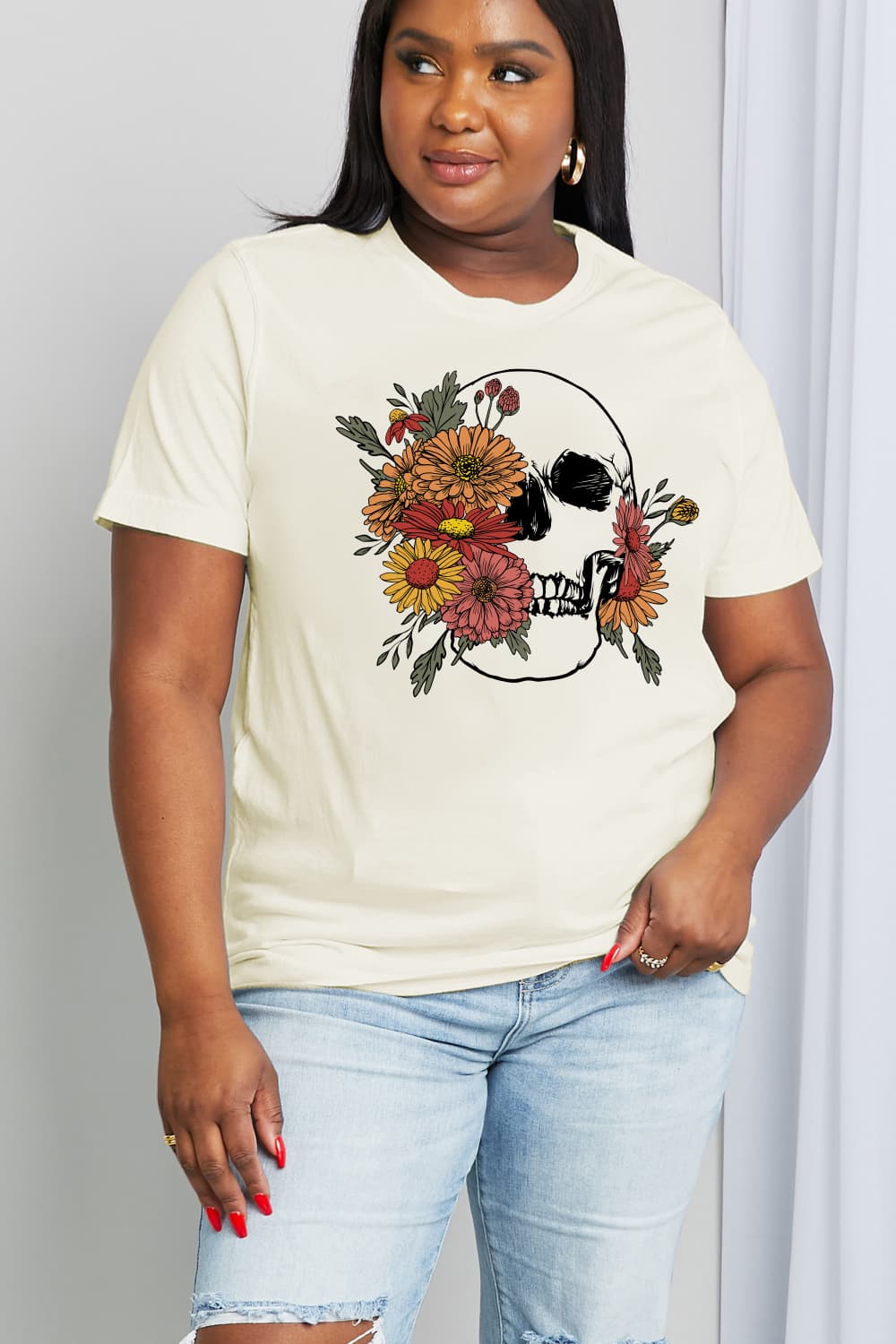 Simply Love Full Size Flower Skull Graphic Cotton Tee - T - 2 COLORS -