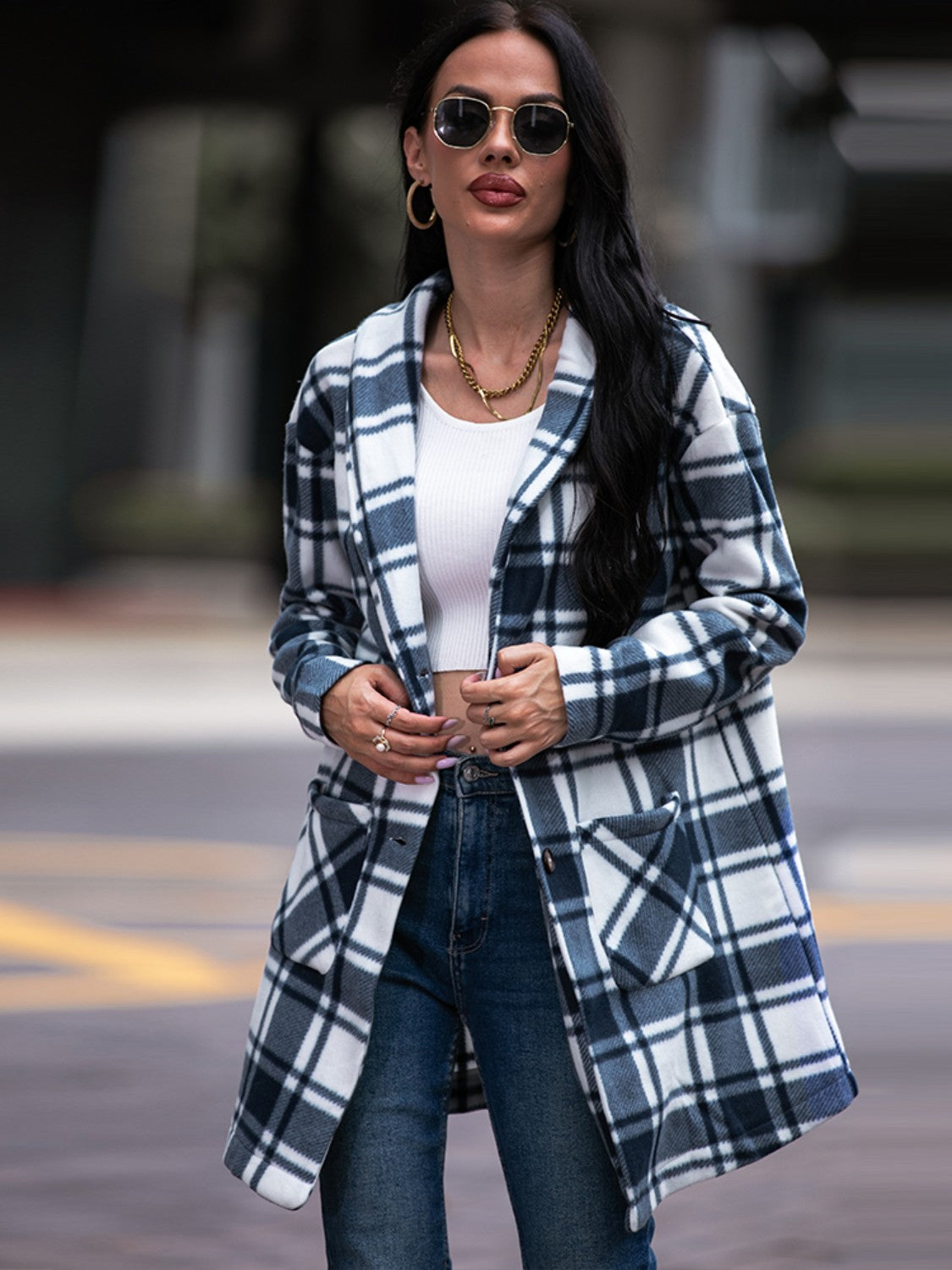 Plaid Shawl Collar Jacket with Pockets - t - 3 colors -