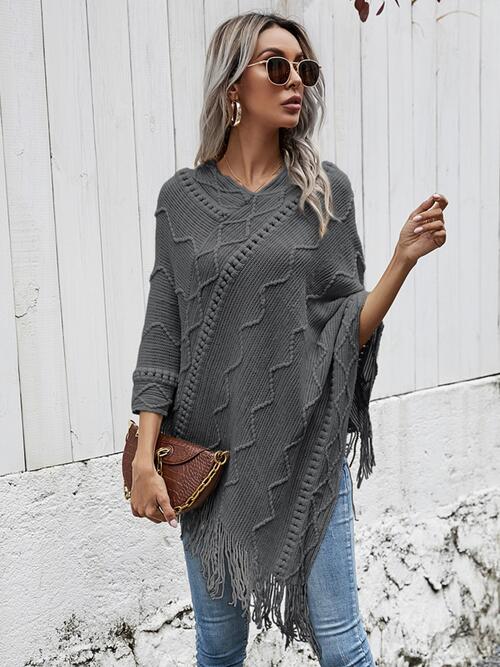 Texture Fringe Hem Poncho - 1 SIZE - T - 1 COLOR -