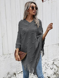 Thumbnail for Texture Fringe Hem Poncho - 1 SIZE - T - 1 COLOR -