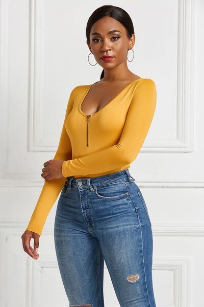 Half Zip Scoop Neck Long Sleeve Bodysuit - T - 10 COLORS -