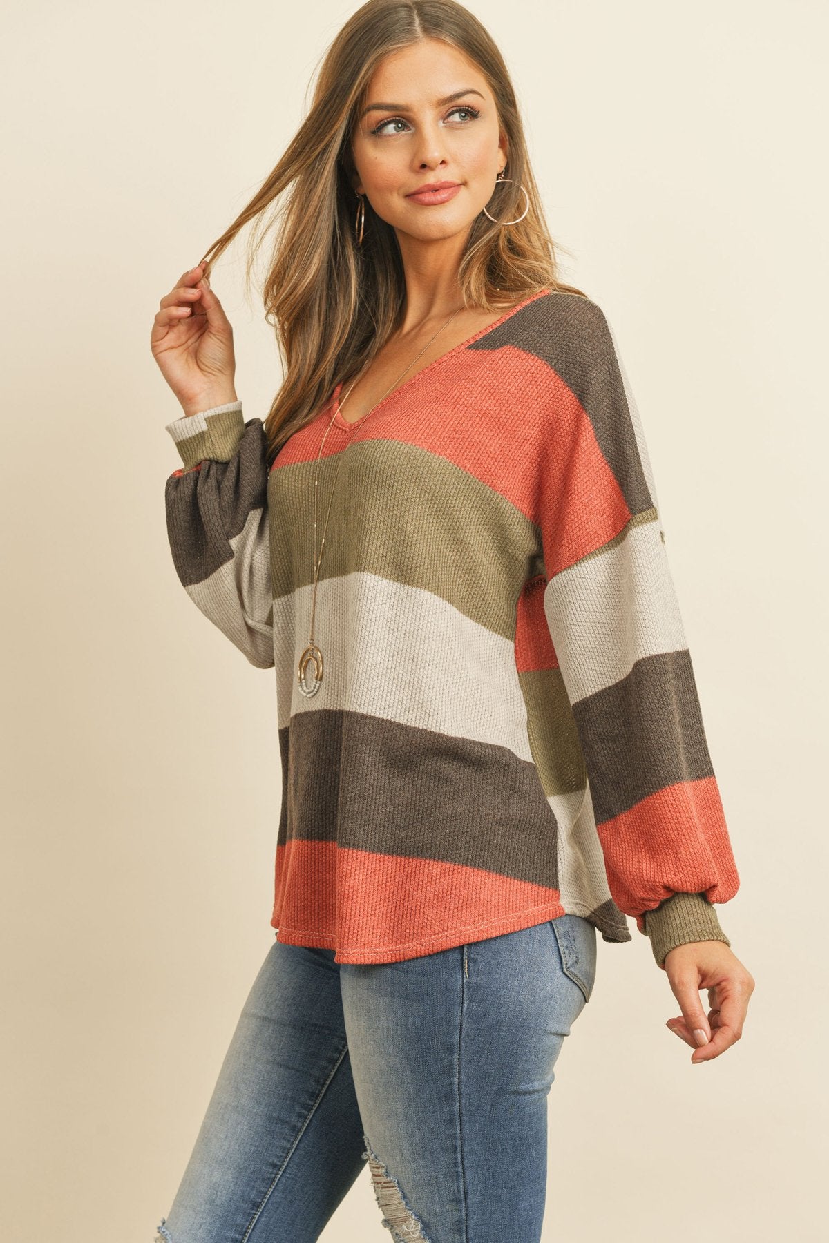 Riah Fashion - Rib Multicolor Stripes V-Neck Puff Sleeves Top - 3 COLORS -