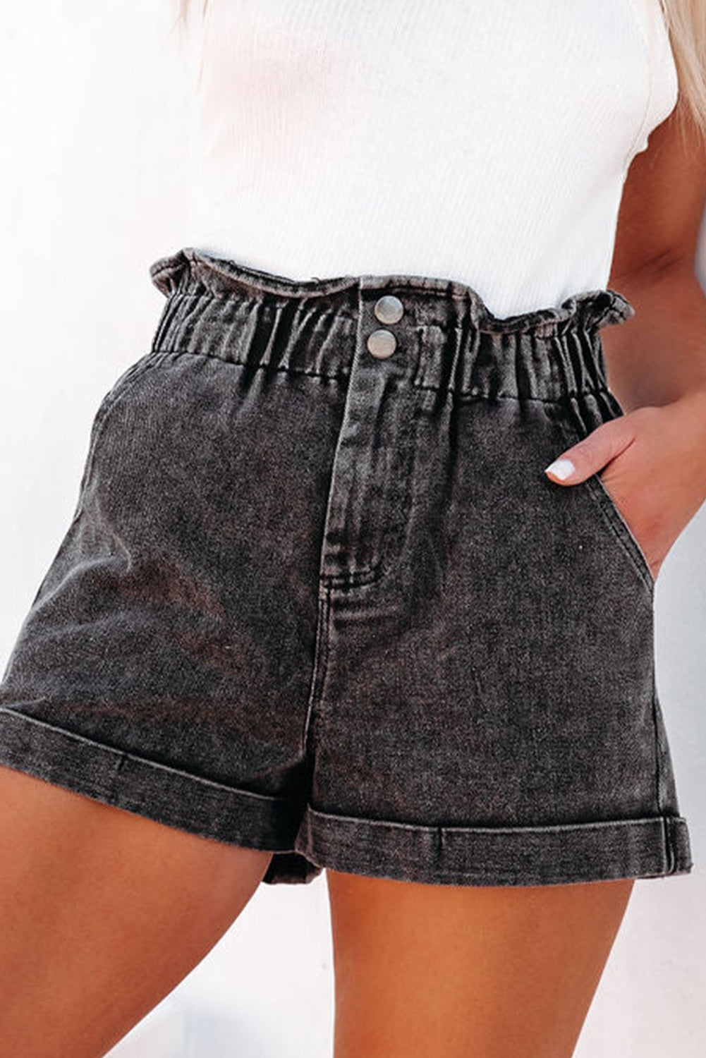 Paperbag Waist Denim Shorts with Pockets - T - 1 COLOR -