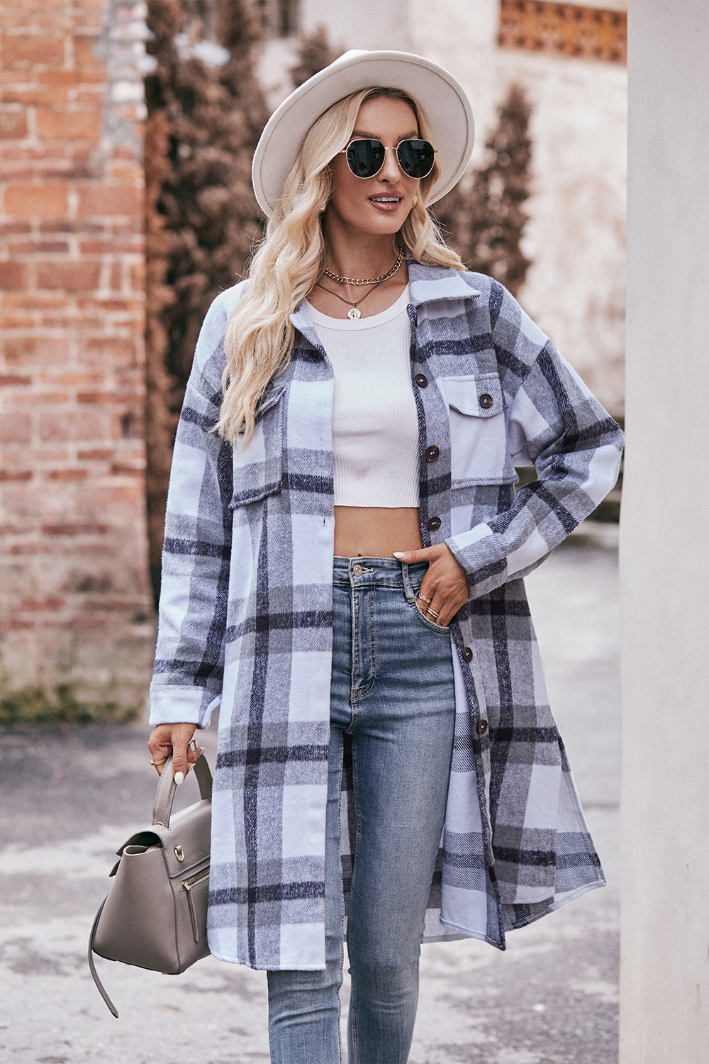 Plaid Dropped Shoulder Longline Jacket - T - 3 COLORS -