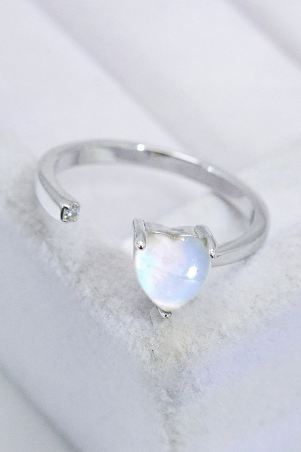 Inlaid Moonstone Heart Adjustable Open Ring - T - 1 SIZE FIT - 2 FINISHES -