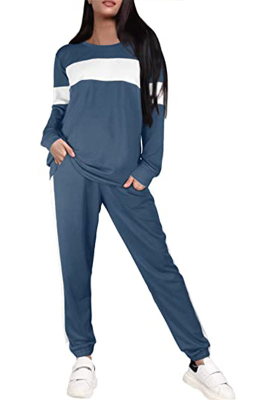 Women's Fashion Loose Casual Round Neck Striped Colorblock Sweater Suit - K - 2 PC. SET - 5 COLORS -