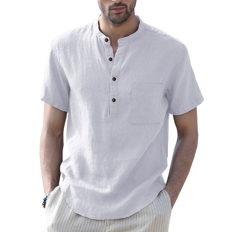 Men's Woven Casual Stand Collar Linen Short Sleeve Shirt - K - 8 COLORS -