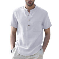 Thumbnail for Men's Woven Casual Stand Collar Linen Short Sleeve Shirt - K - 8 COLORS -