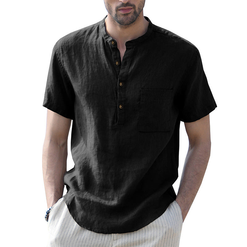 Men's Woven Casual Stand Collar Linen Short Sleeve Shirt - K - 8 COLORS -