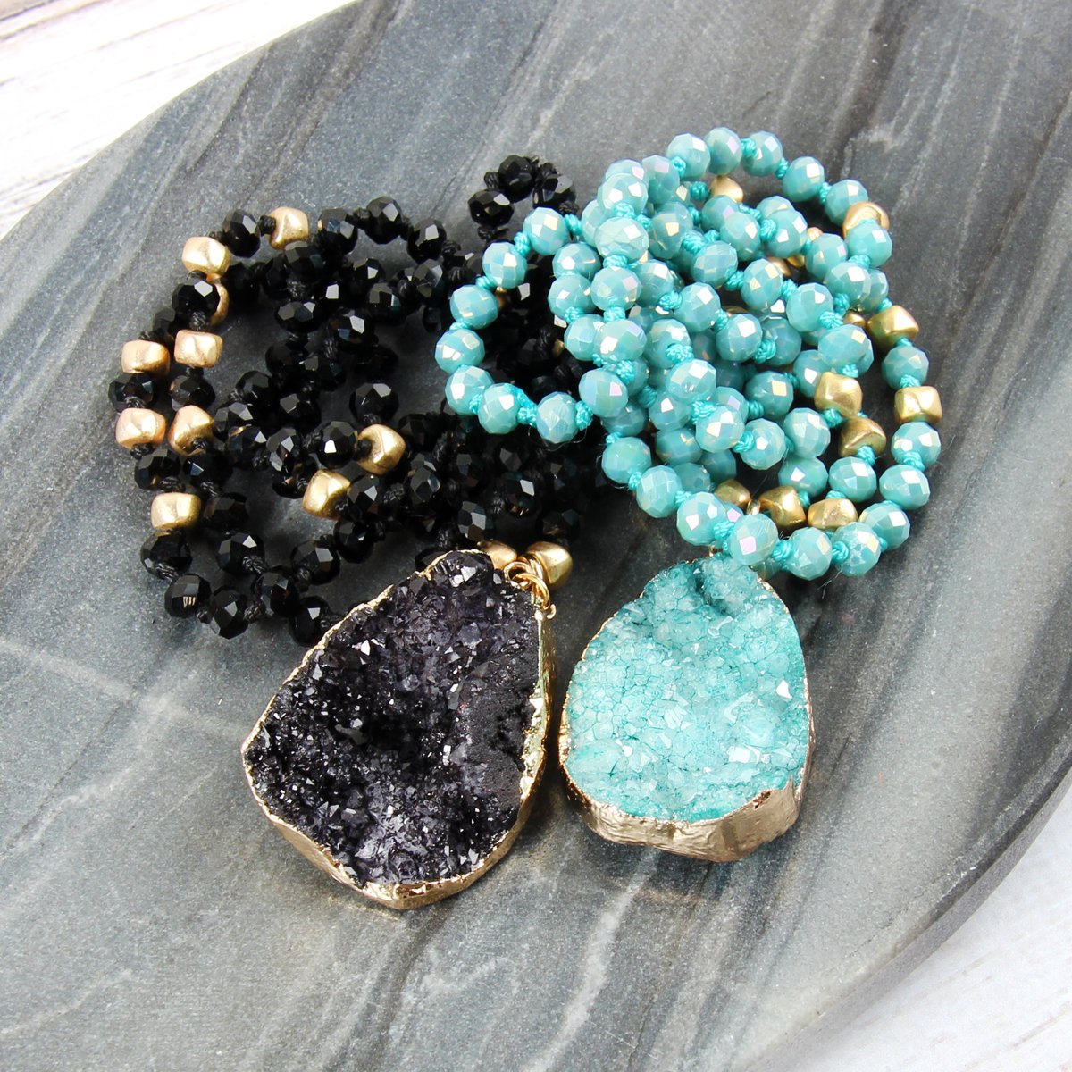 Druzy Stone Pendant Glass Beaded Necklace - 4 COLORS