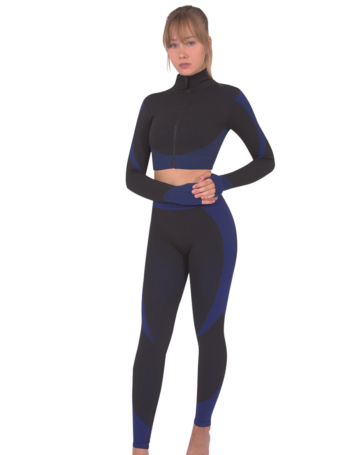 Savoy - Trois Seamless Jacket, Leggings & Sports Top 3 Set - Black With Navy - 3 PCS - 1 COLOR -