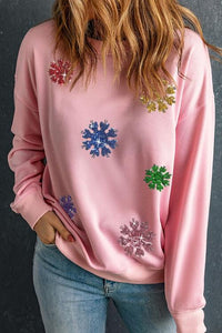 Thumbnail for Sequin Snowflake Round Neck Sweatshirt - T - 1 COLOR -