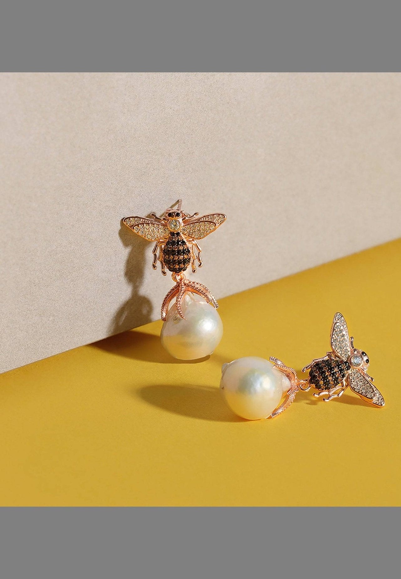 LATELITA - Baroque Pearl Honey Bee Drop Earrings Silver -